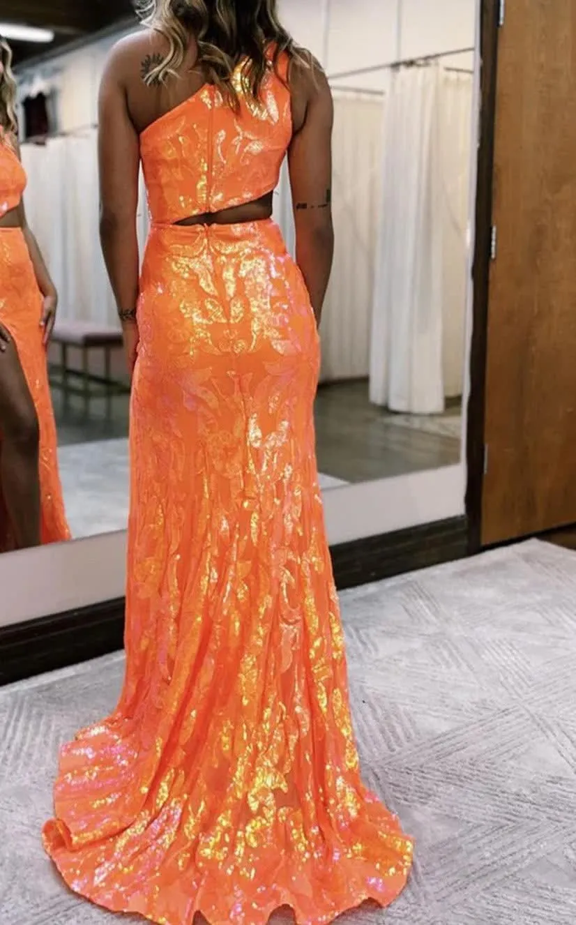 kamahe Sparkly Orange Sequin One Shoulder Long Prom Dress with Slit Formal Evening Dresses