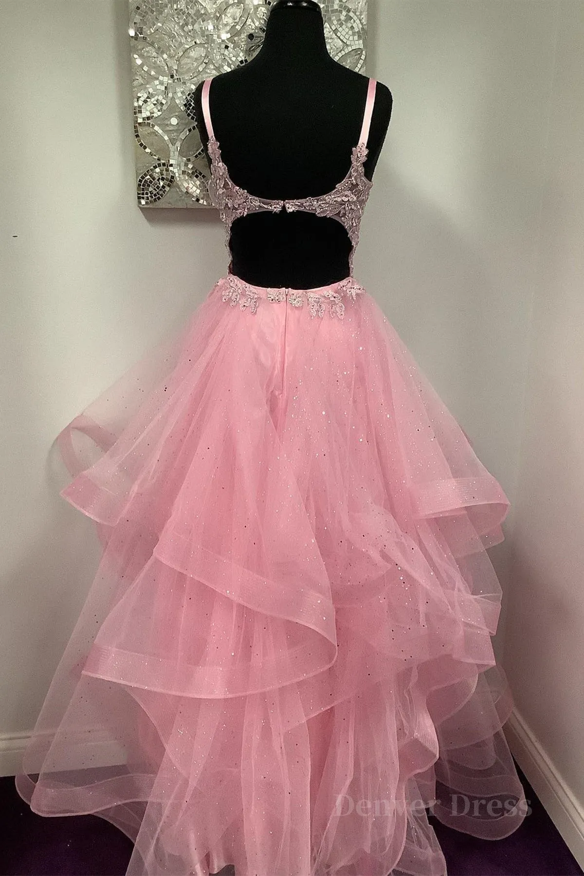 kamahe V Neck Open Back Pink Lace Puffy Tulle Long Prom Dresses, Pink Lace Formal Dresses, Pink Evening Dresses