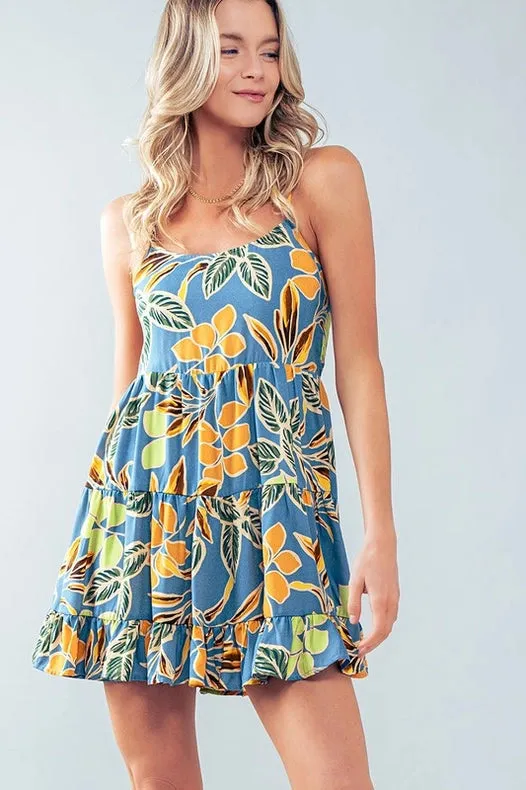 Leaf Print Tiered Mini Dress