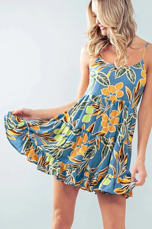 Leaf Print Tiered Mini Dress