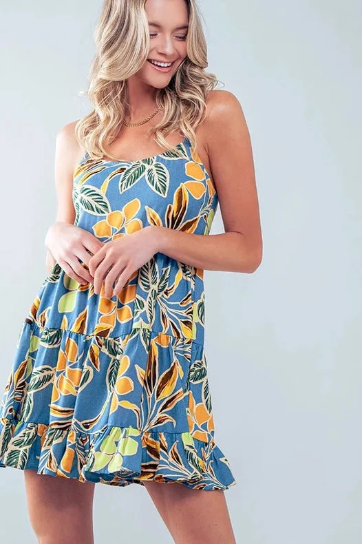 Leaf Print Tiered Mini Dress