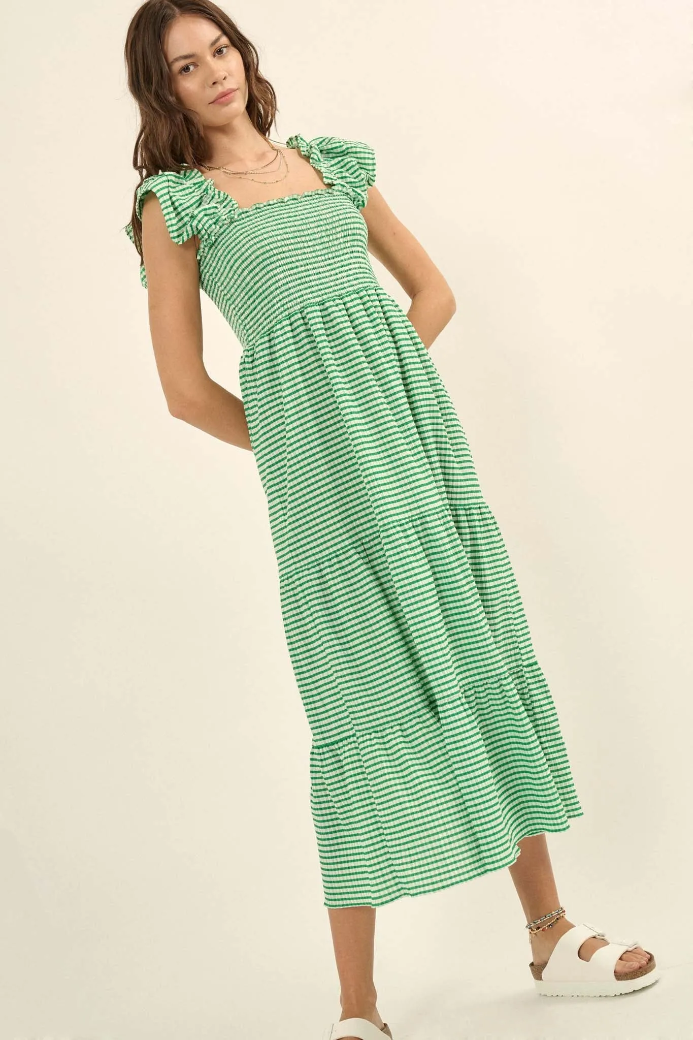 Lollipop Lane Smocked Gingham Tiered Midi Dress