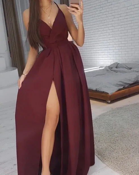 Long Sexy Bridesmaid Dresses V Neck Split A-Line Satin Evening Dresses