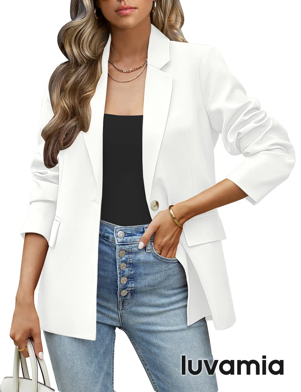 luvamia Blazers for Women Business Casual Long Sleeves Work Professional Suits Dressy Jackets with Pocket Office Outfits