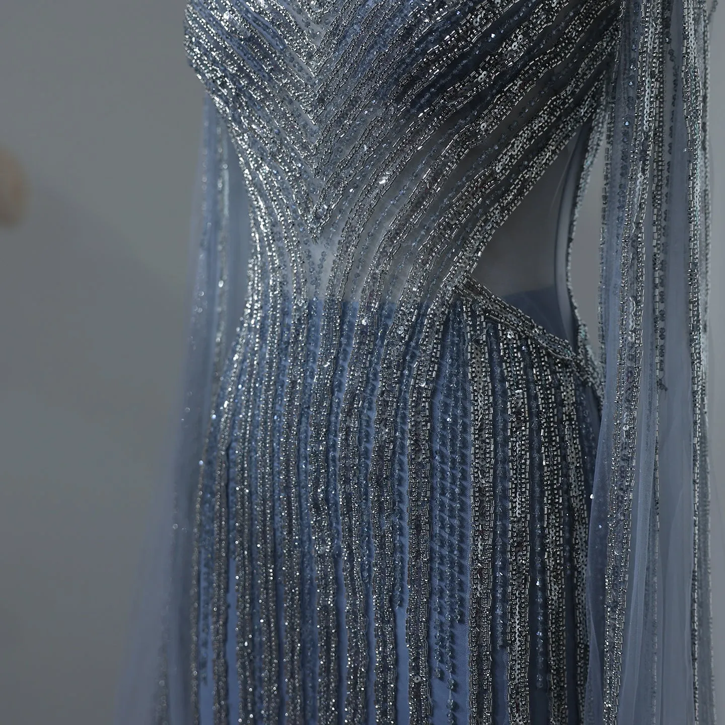 Luxury Beaded Blue Evening Dress with Cape Sleeves SS251