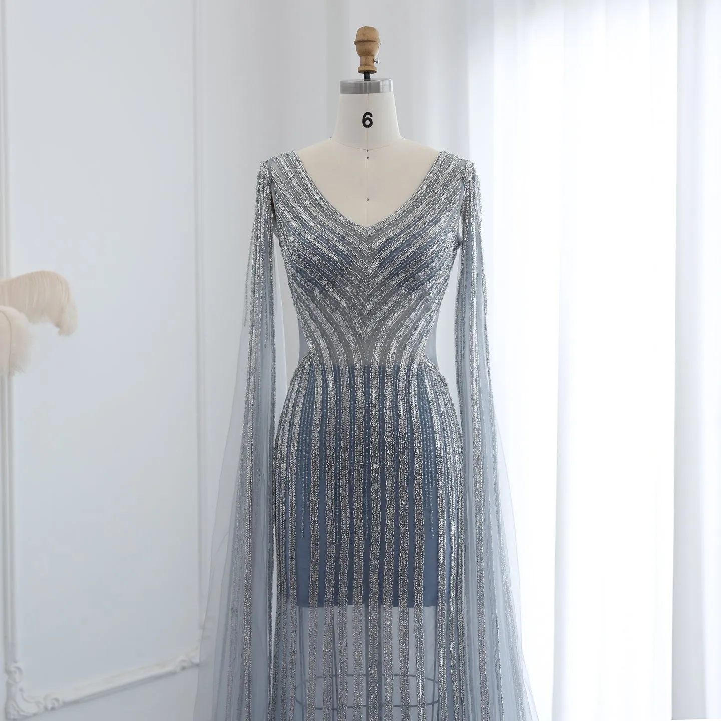 Luxury Beaded Blue Evening Dress with Cape Sleeves SS251