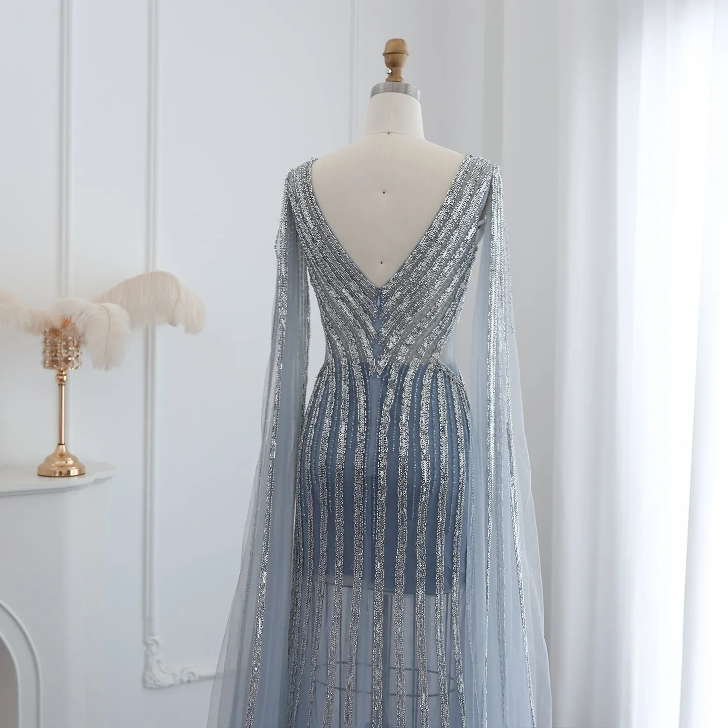 Luxury Beaded Blue Evening Dress with Cape Sleeves SS251