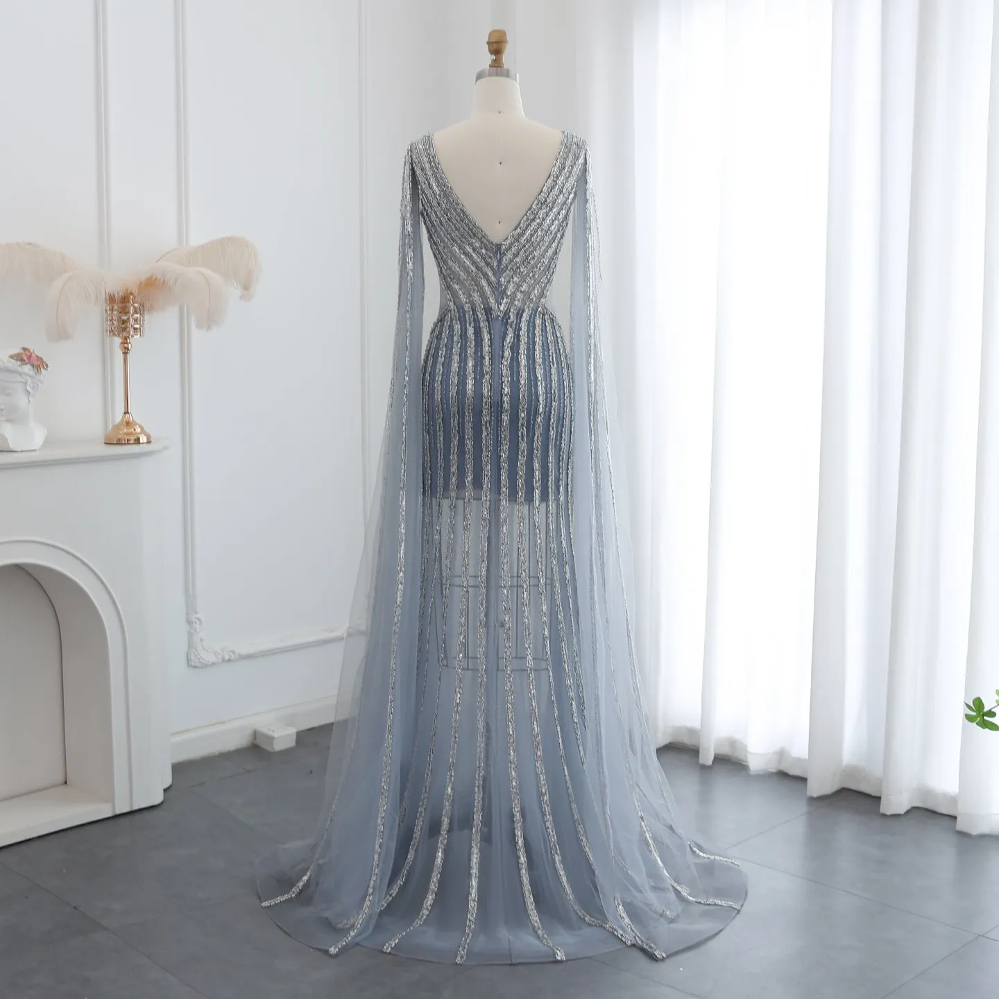 Luxury Beaded Blue Evening Dress with Cape Sleeves SS251