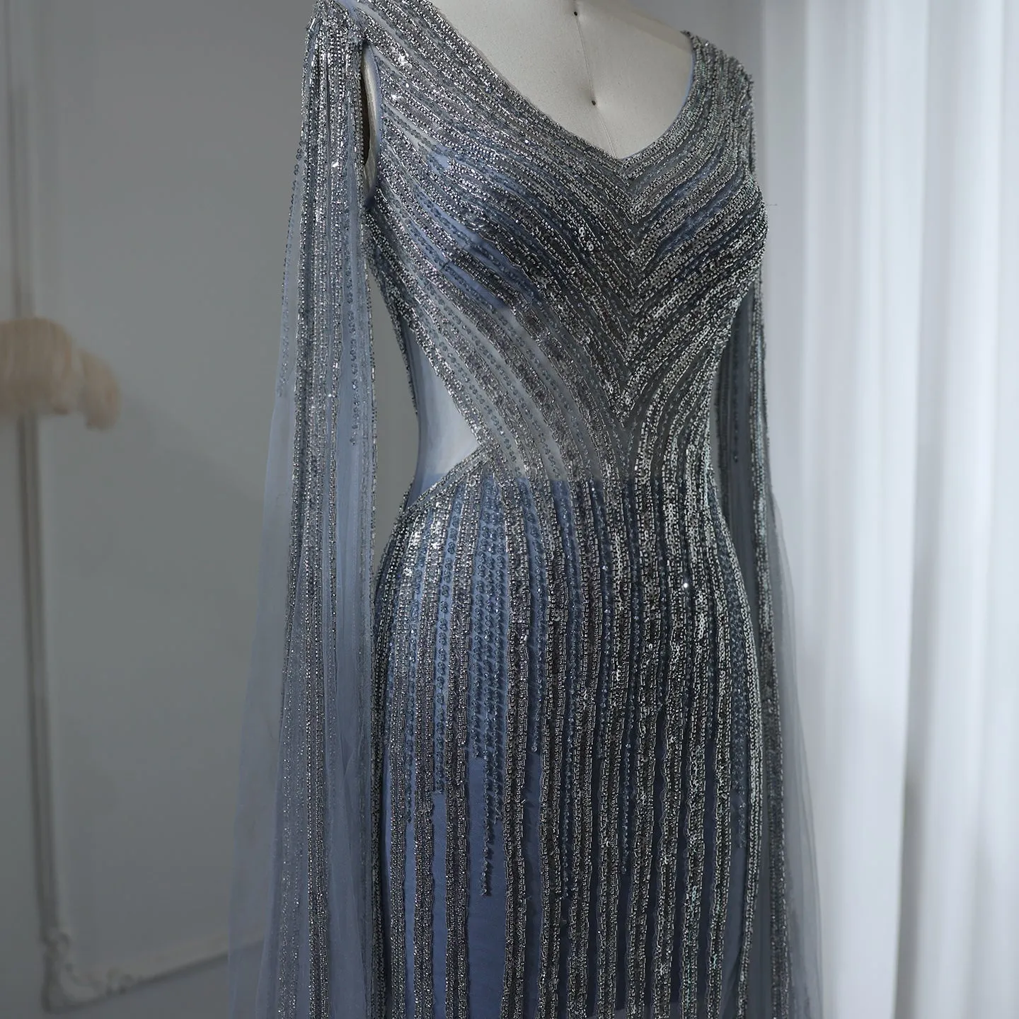 Luxury Beaded Blue Evening Dress with Cape Sleeves SS251