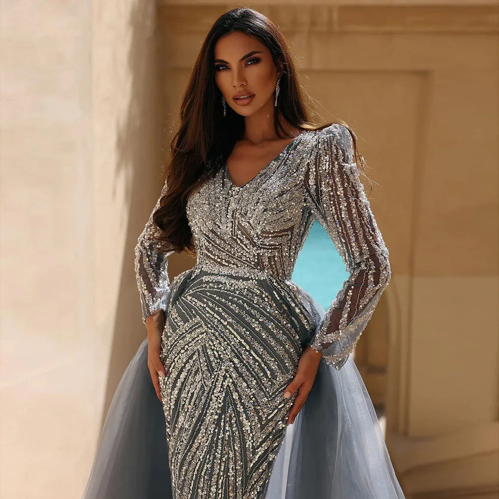 Luxury Blue Long Sleeve Evening Dress with Detachable Skirt SS432