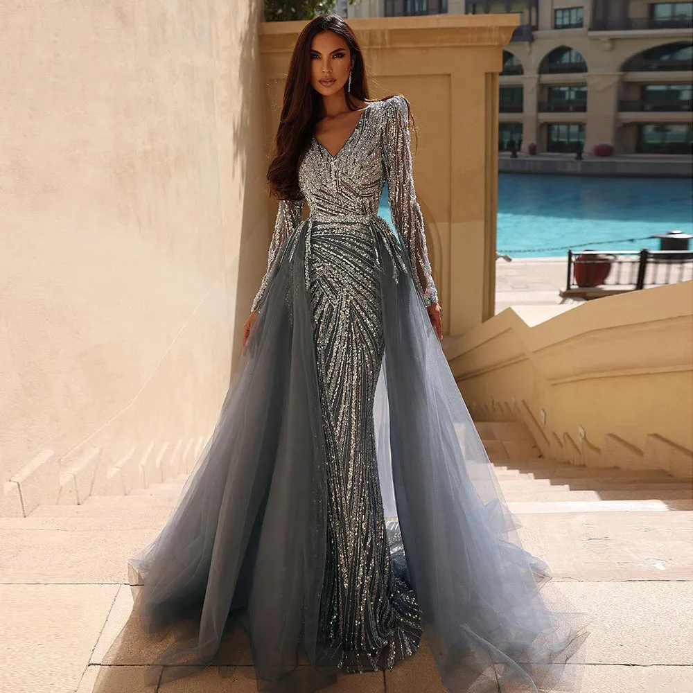 Luxury Blue Long Sleeve Evening Dress with Detachable Skirt SS432