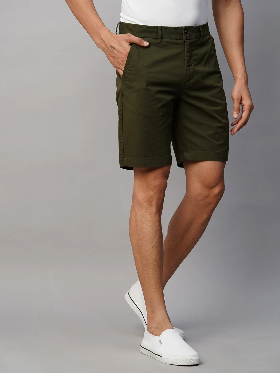 Men's Olive Cotton Lycra Regular Fit Shorts