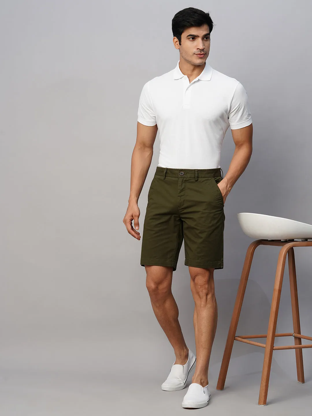 Men's Olive Cotton Lycra Regular Fit Shorts