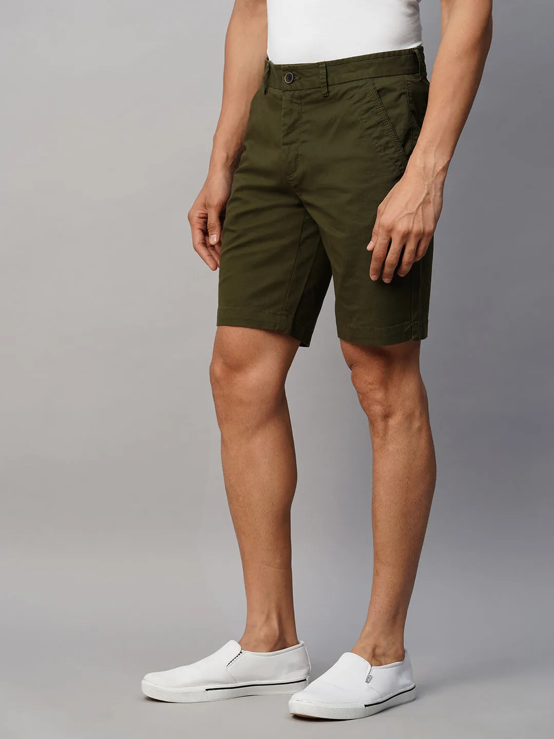 Men's Olive Cotton Lycra Regular Fit Shorts