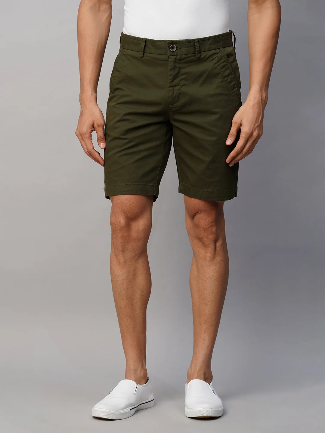 Men's Olive Cotton Lycra Regular Fit Shorts