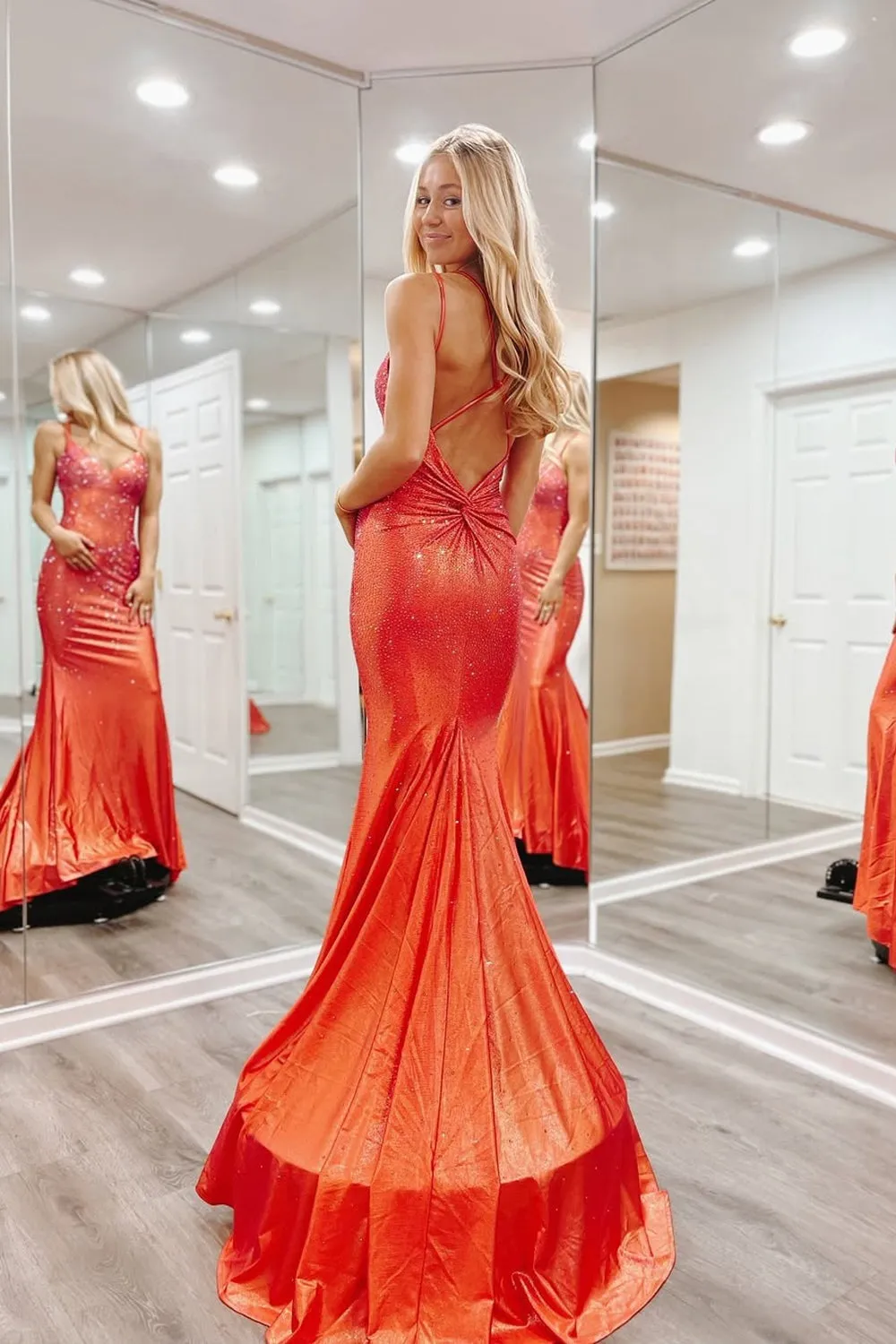 Mermaid Long Satin V Neck Rust Red Prom Dresses