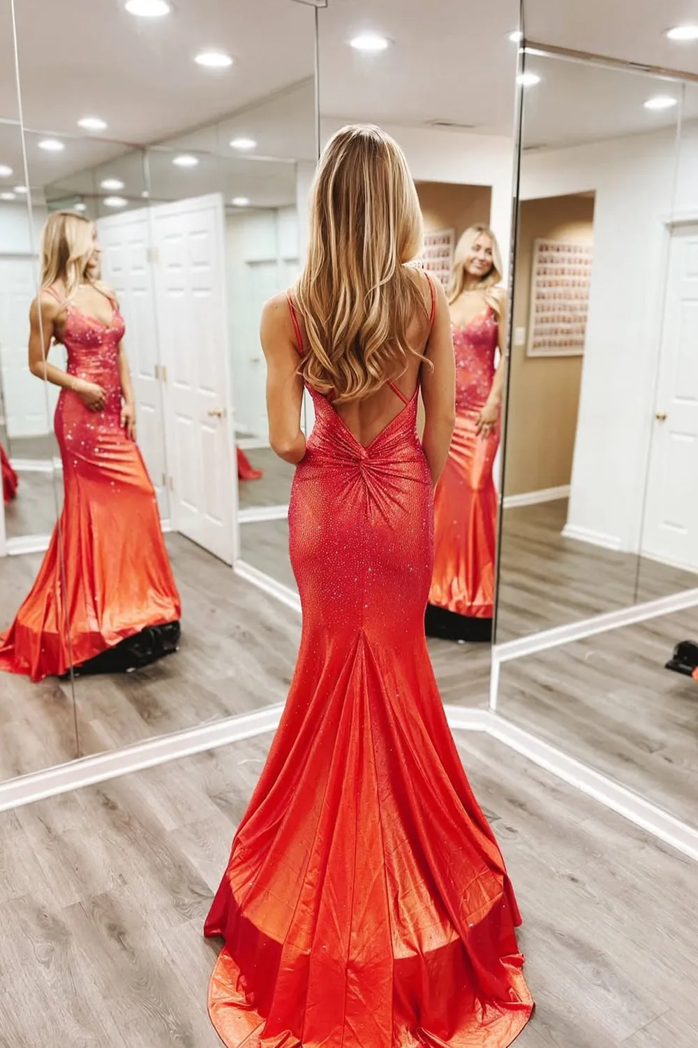 Mermaid Long Satin V Neck Rust Red Prom Dresses