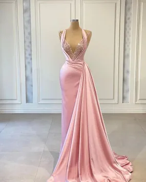 Mermaid V-Neck Pink Sexy evening gown Prom Dresses