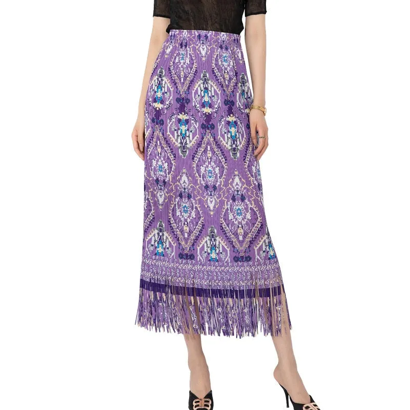 Miyake Pleated Printed Tassel A-Line Skirt