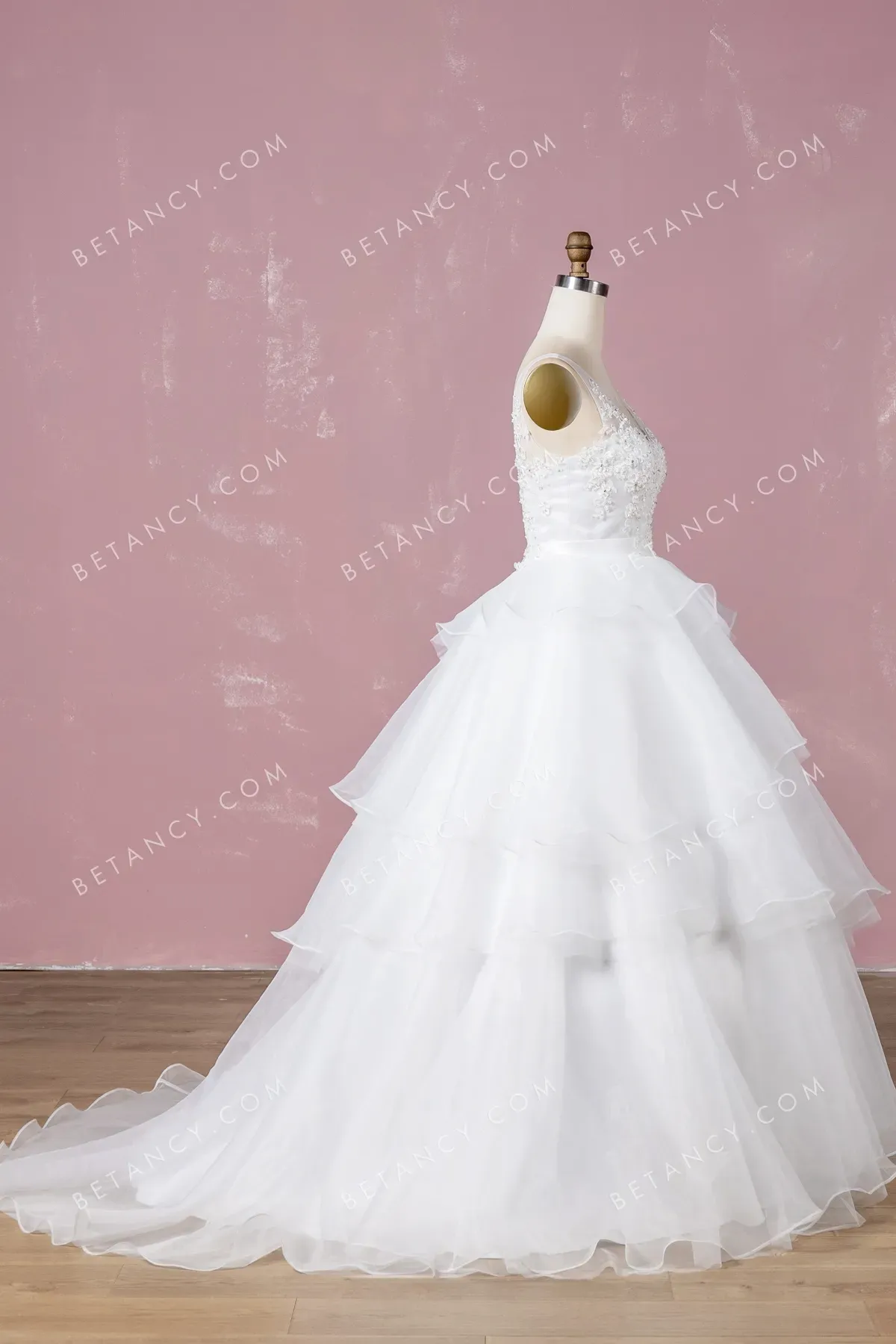 Modern Beaded Lace Tiered Organza Wedding Ball Gown