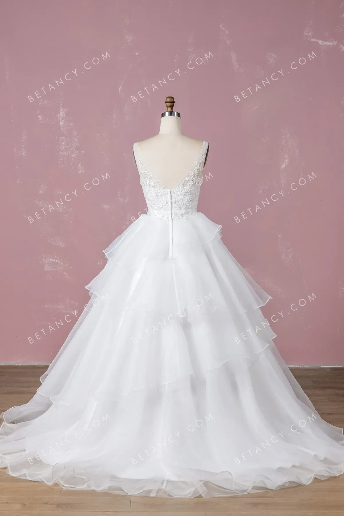 Modern Beaded Lace Tiered Organza Wedding Ball Gown