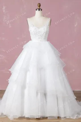 Modern Beaded Lace Tiered Organza Wedding Ball Gown