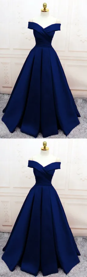 Navy Blue Satin V Neck Off Shoulder Prom Dresses, Long Evening Gowns