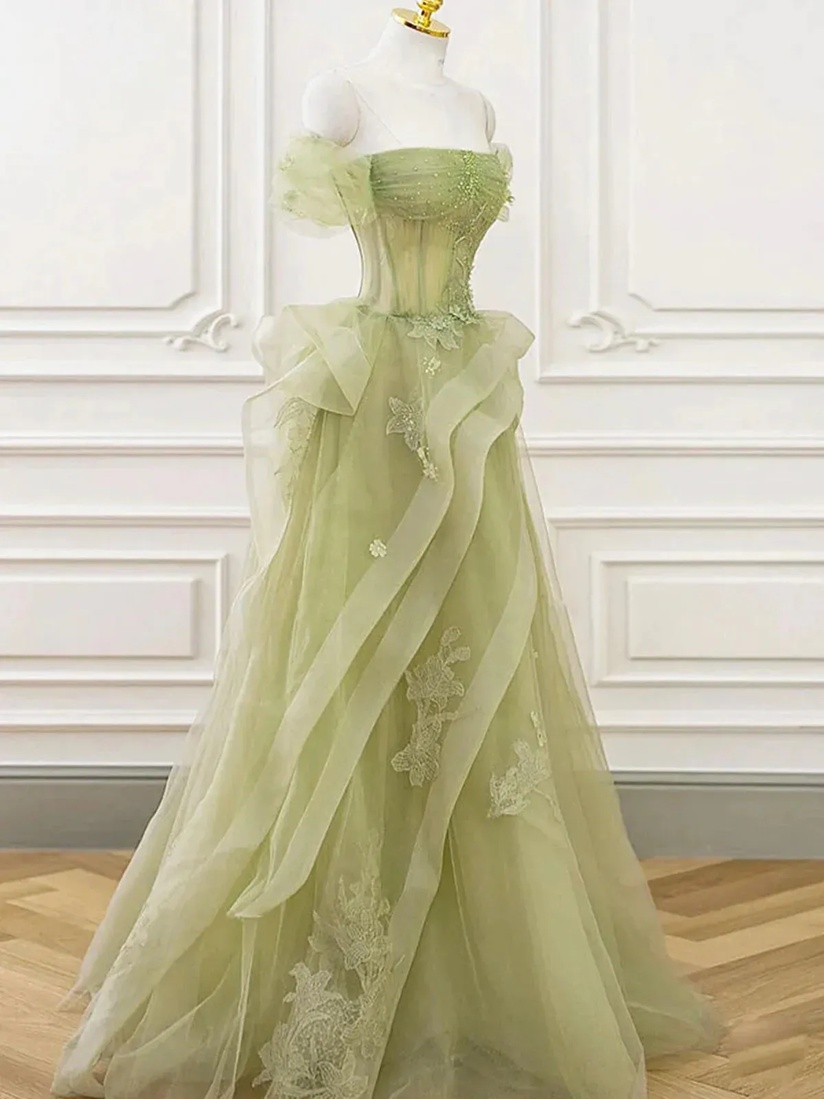 Off the Shoulder Green Tulle Long Beaded Prom Dresses, Off Shoulder Green Tulle Long Formal Evening Dresses