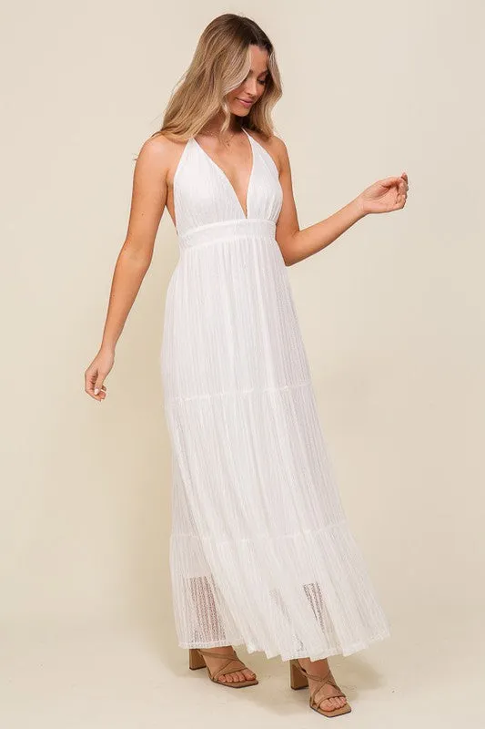 Off White Boho Halter Tiered Lace Maxi Lined Dress