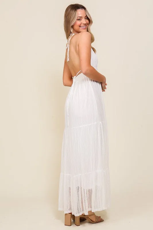 Off White Boho Halter Tiered Lace Maxi Lined Dress