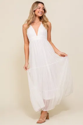 Off White Boho Halter Tiered Lace Maxi Lined Dress