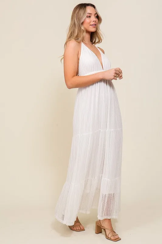 Off White Boho Halter Tiered Lace Maxi Lined Dress