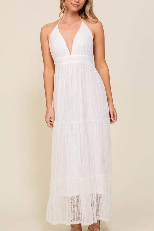 Off White Boho Halter Tiered Lace Maxi Lined Dress