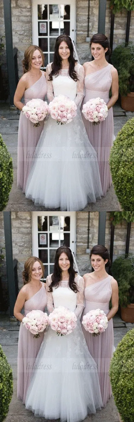 One Shoulder Bridesmaid Dresses, Pearl Pink Bridesmaid Dresses, Long Bridesmaid Dresses