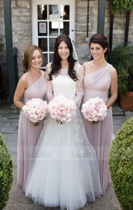 One Shoulder Bridesmaid Dresses, Pearl Pink Bridesmaid Dresses, Long Bridesmaid Dresses