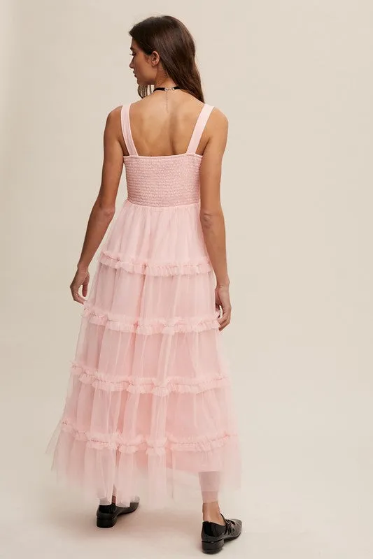 Peach Blush Frilly Ruffle Tiered Mesh Maxi Dress