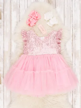 Pink Sequin Tiered Tulle Dress