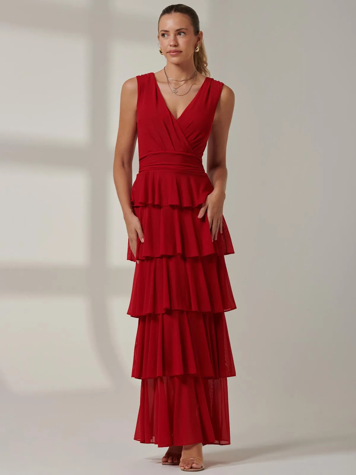 Plain Tiered Mesh Maxi Dress, Red