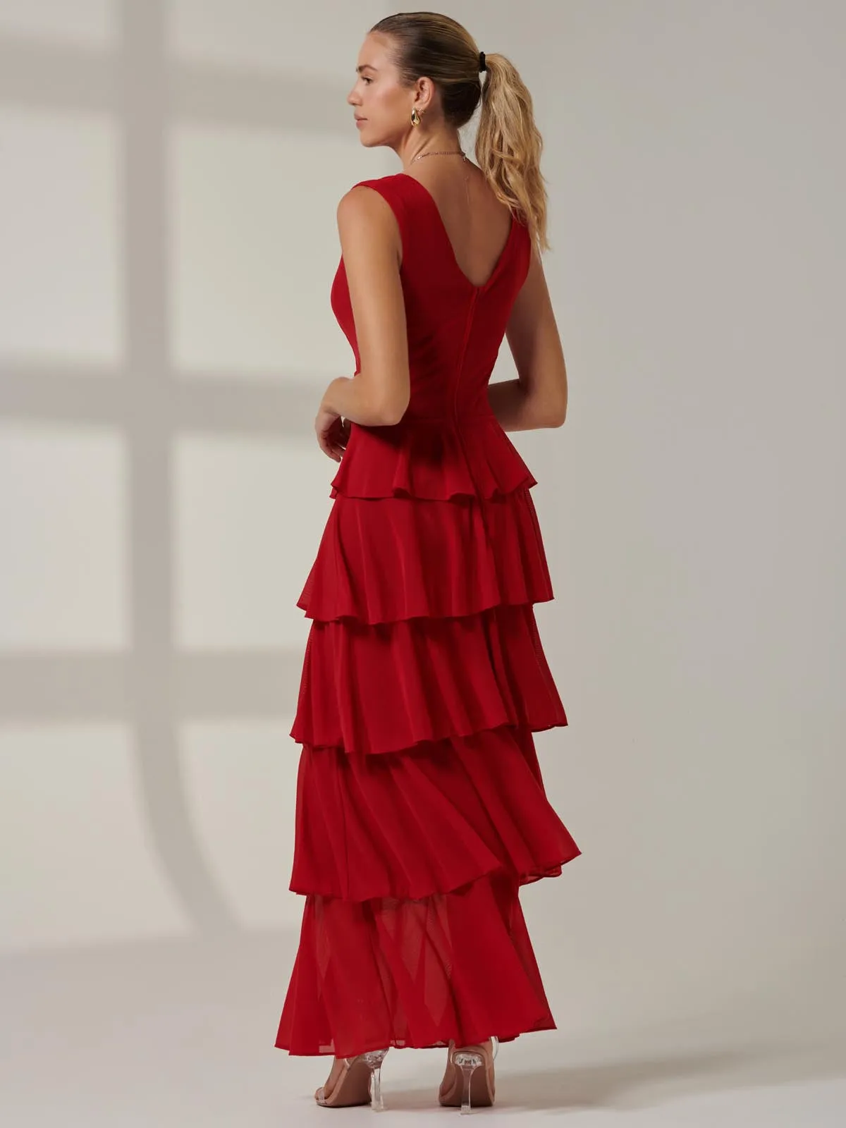 Plain Tiered Mesh Maxi Dress, Red