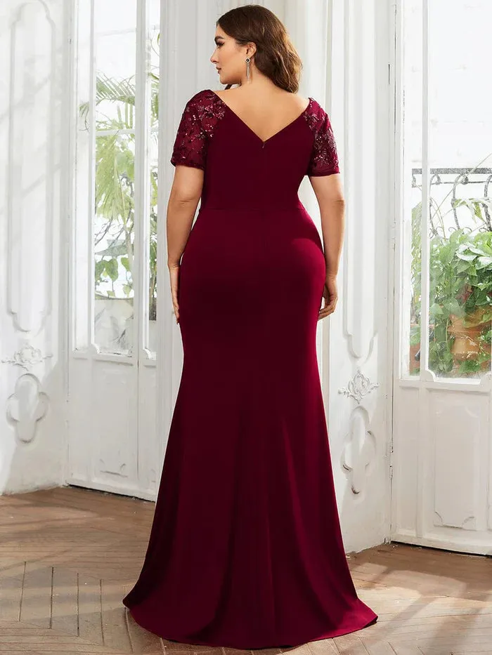 Plus Size Front Slit Short Sleeve With Sequin Formal Evening Dresses