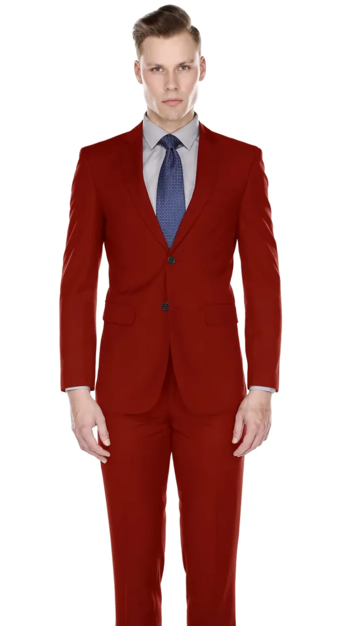 Red Men's Slim-Fit Suit Single Breast Notch Lapel Plat Front Pants Style-PYS02