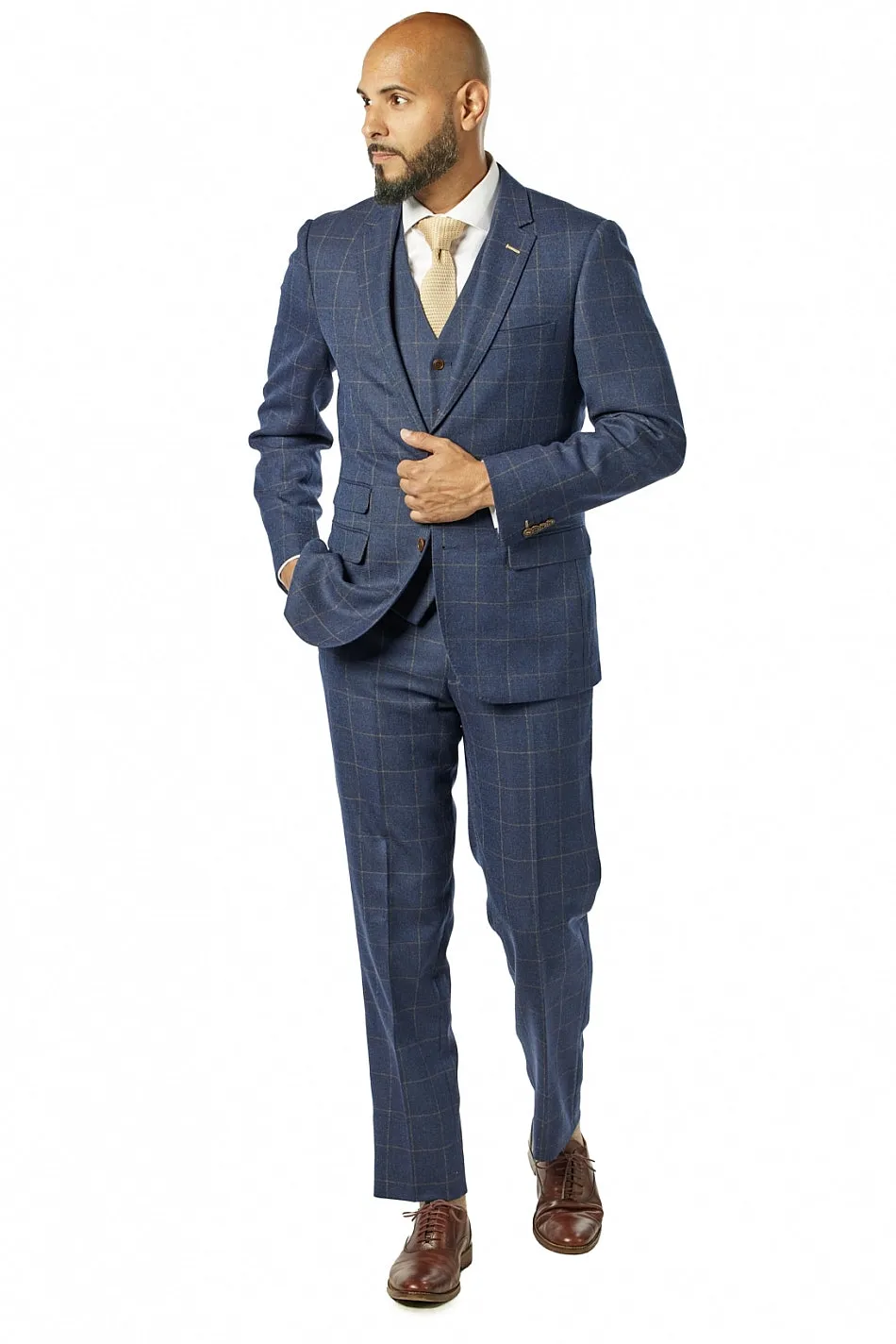 Slim Fit Navy Gold Windowpane Three Piece Suit GB-3P-322