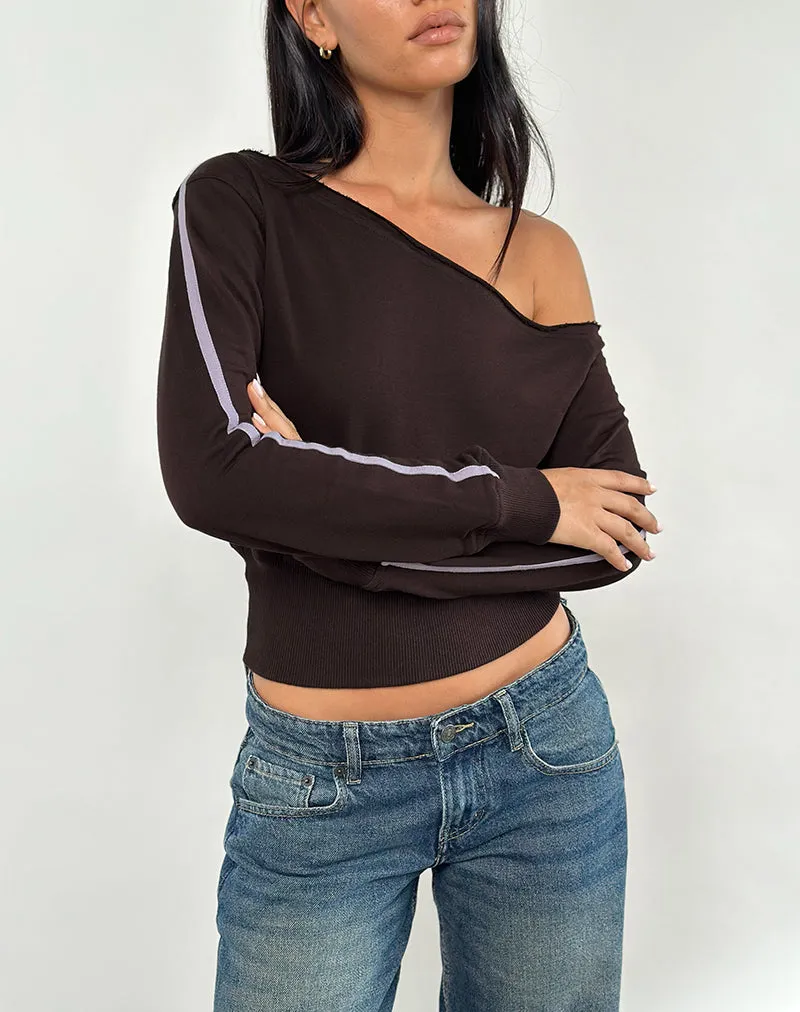 Sujana Asymmetric Sweatshirt in Bitter Chocolate with Violet Binding