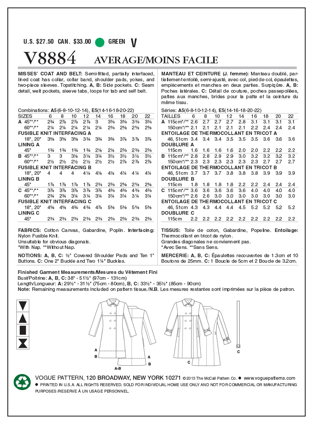 Vogue Pattern 8884 Short Trenchcoat | Easy