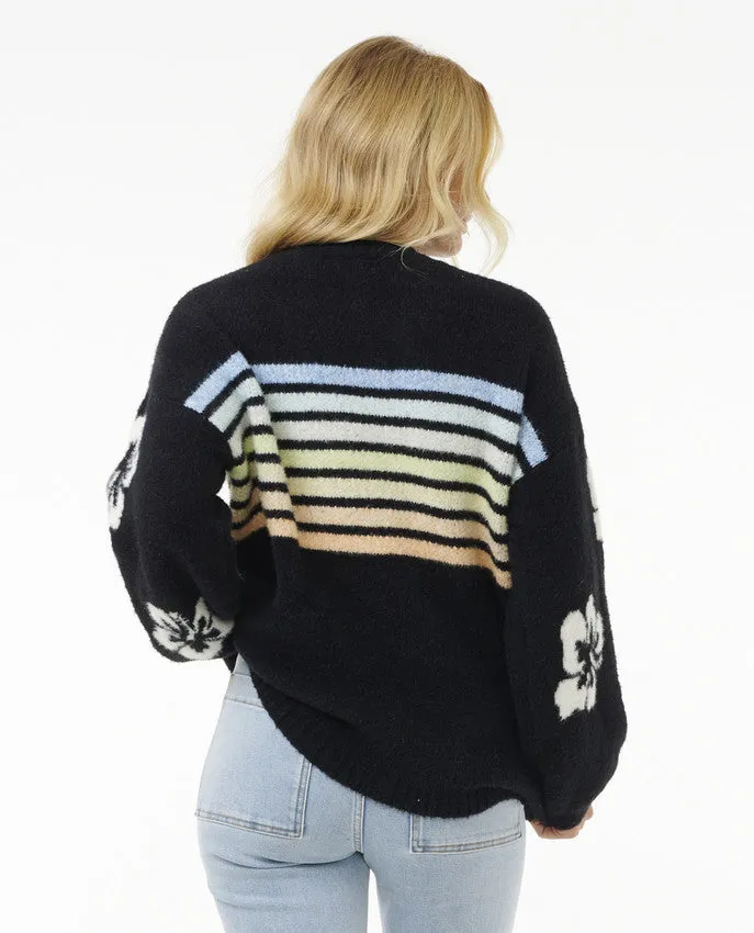 WOMEN'S HIGH TIDE HIBISCUS STRIPE CREW - BLACK