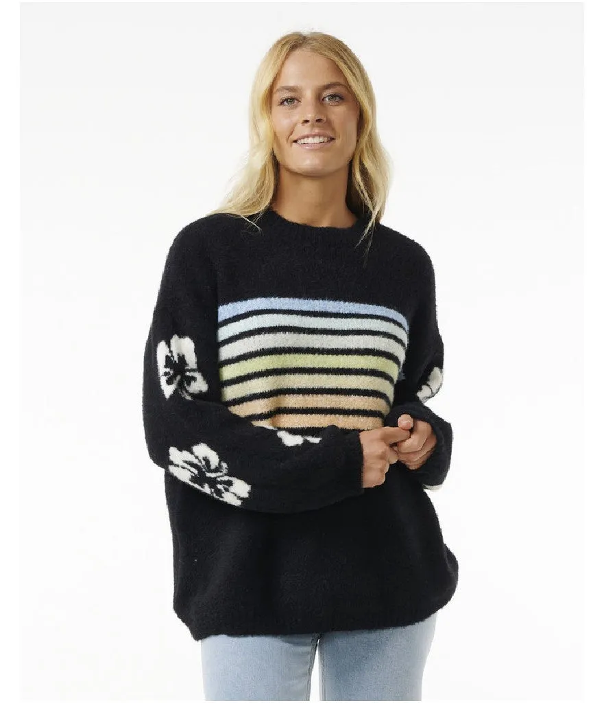 WOMEN'S HIGH TIDE HIBISCUS STRIPE CREW - BLACK