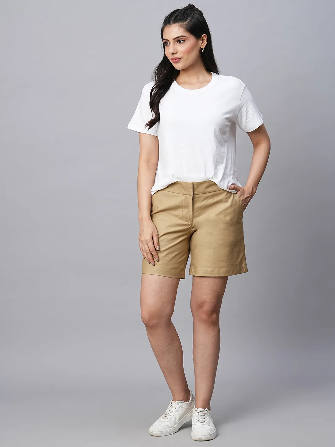 Women's Khaki Cotton Lycra Regular Fit Shorts